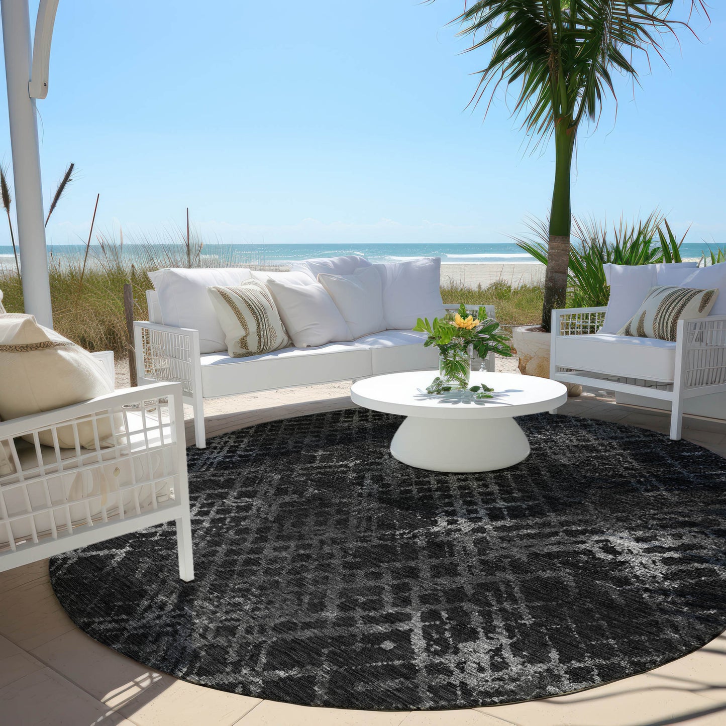 8' Charcoal Gray And Silver Round Geometric Washable Indoor Outdoor Area Rug