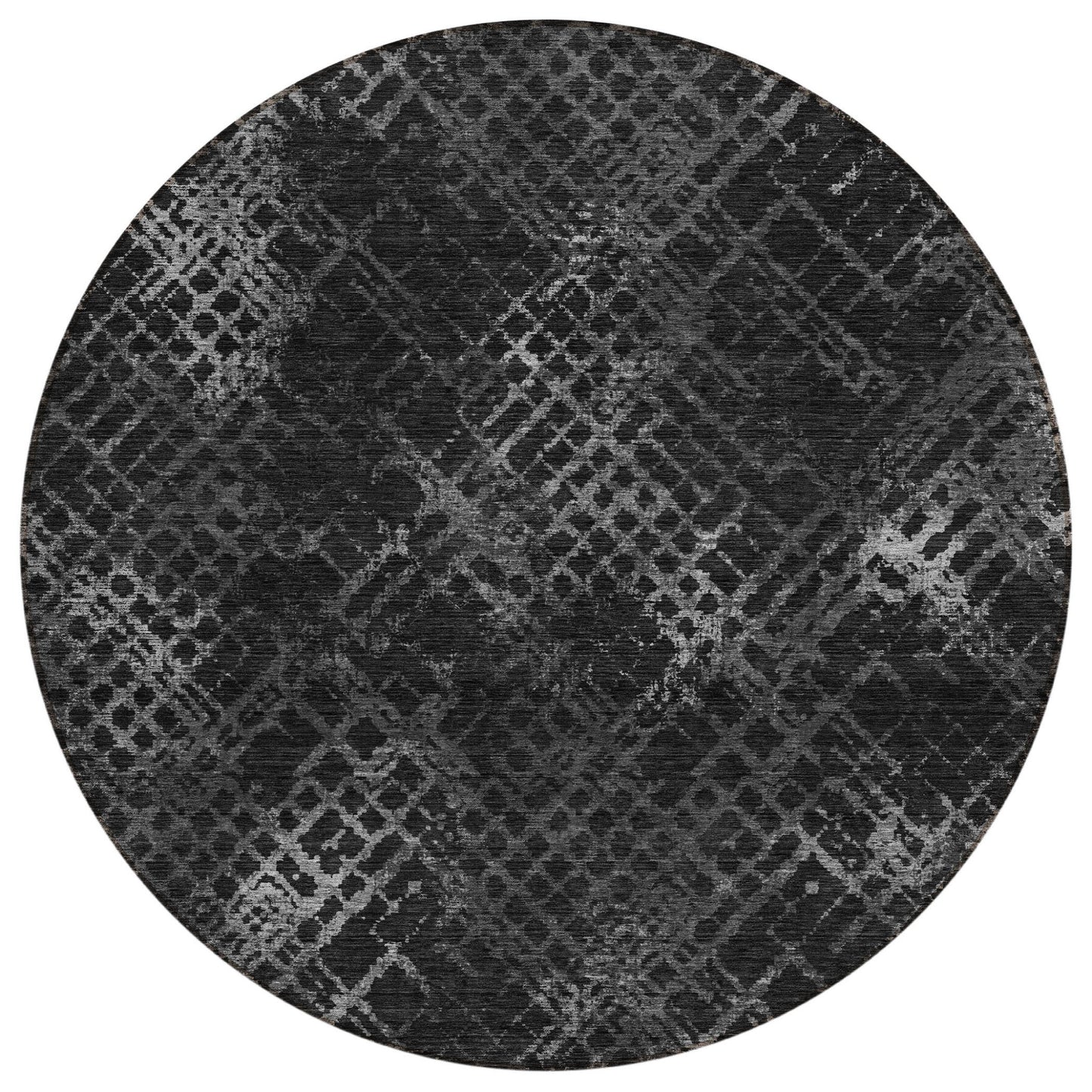 8' Charcoal Gray And Silver Round Geometric Washable Indoor Outdoor Area Rug