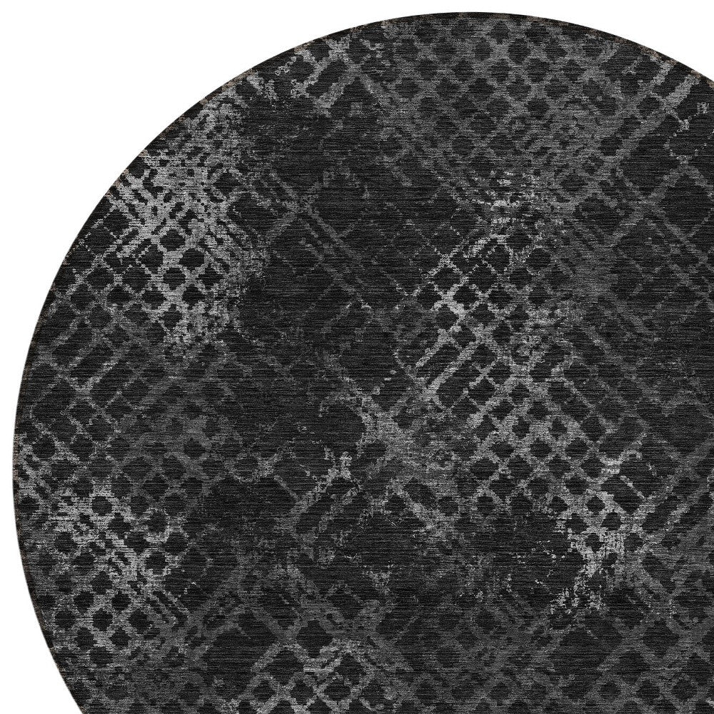 8' Charcoal Gray And Silver Round Geometric Washable Indoor Outdoor Area Rug