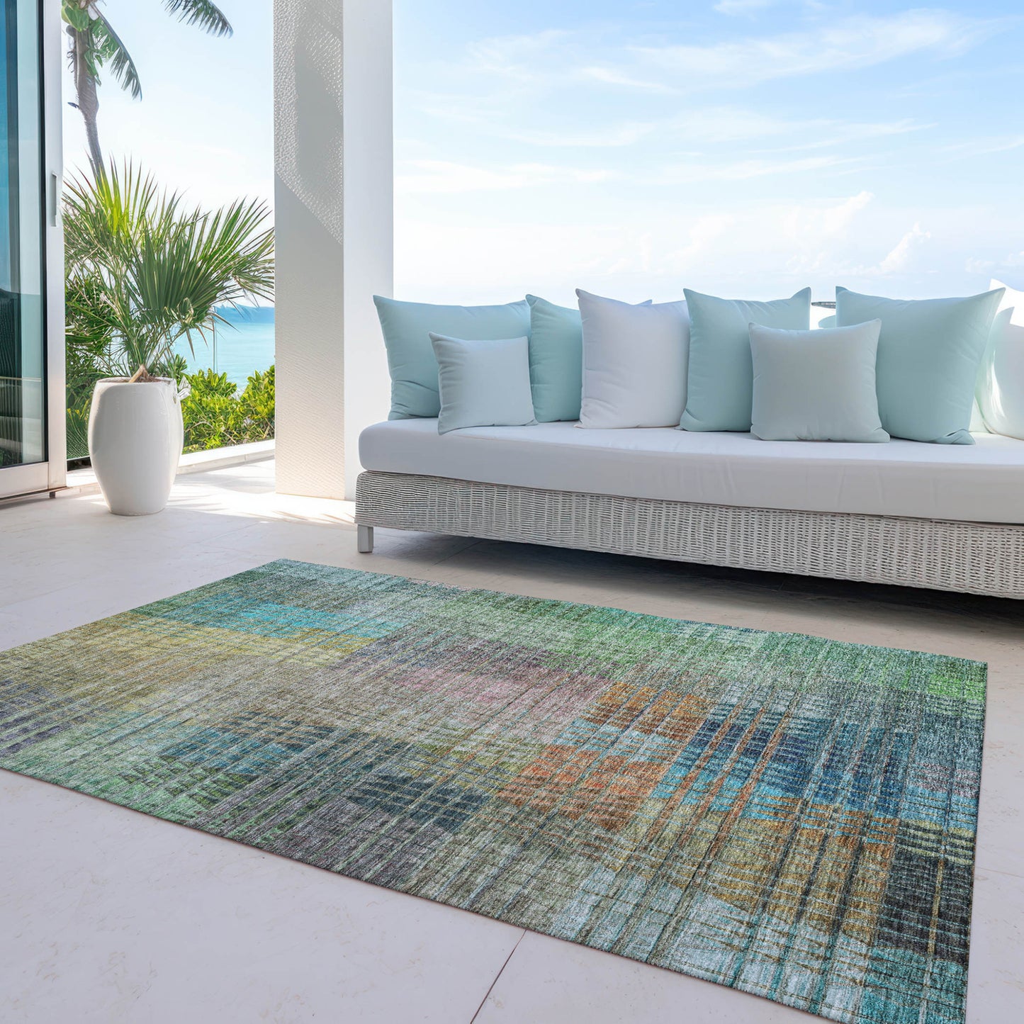 10' X 14' Green Gold And Teal Blue Abstract Washable Indoor Outdoor Area Rug