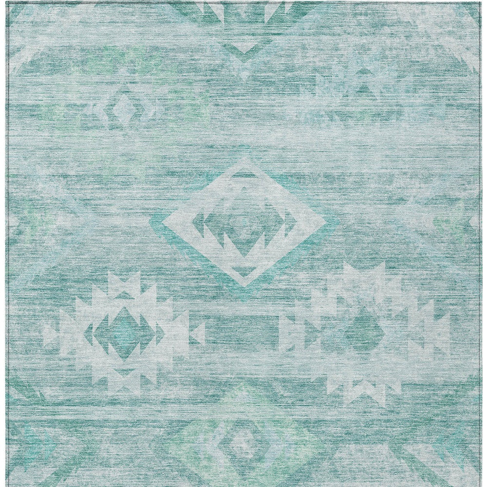 9' X 12' Aqua Turquoise And Ivory Southwestern Washable Indoor Outdoor Area Rug