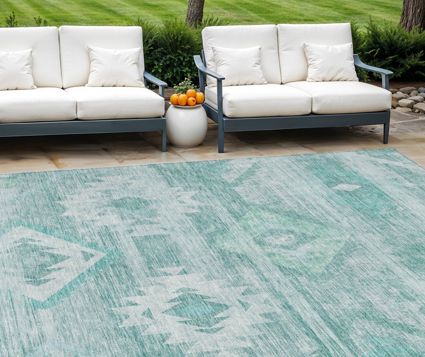9' X 12' Aqua Turquoise And Ivory Southwestern Washable Indoor Outdoor Area Rug