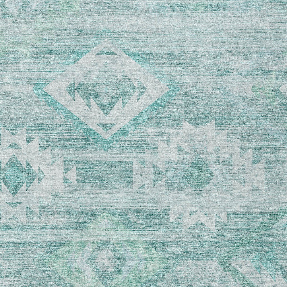 9' X 12' Aqua Turquoise And Ivory Southwestern Washable Indoor Outdoor Area Rug