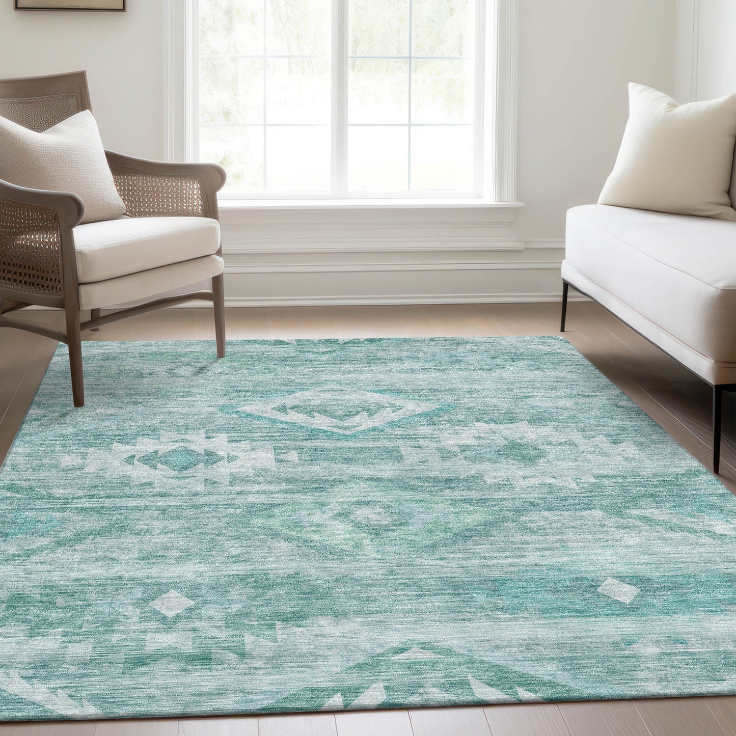 9' X 12' Aqua Turquoise And Ivory Southwestern Washable Indoor Outdoor Area Rug