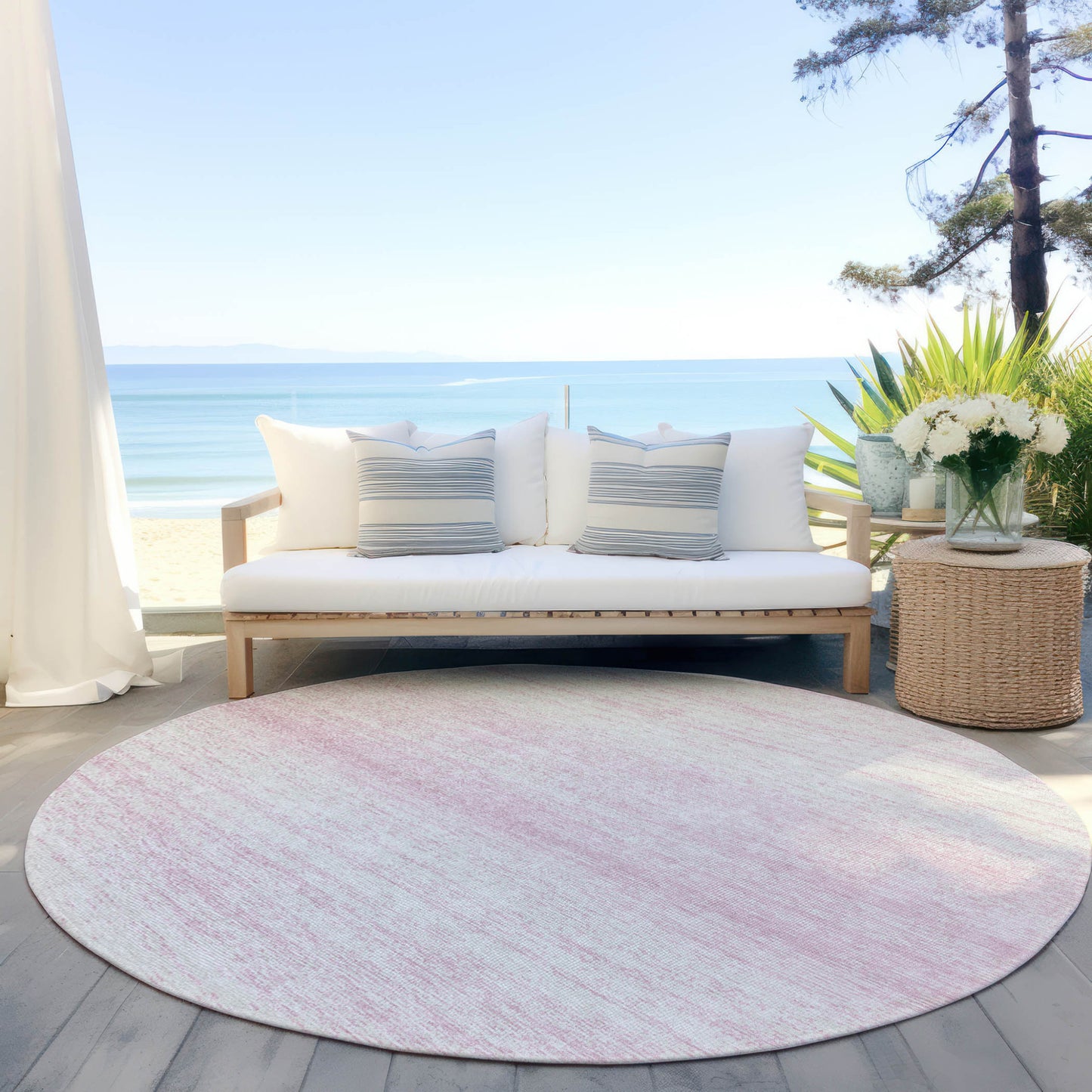 8' Pink And Ivory Round Striped Washable Indoor Outdoor Area Rug