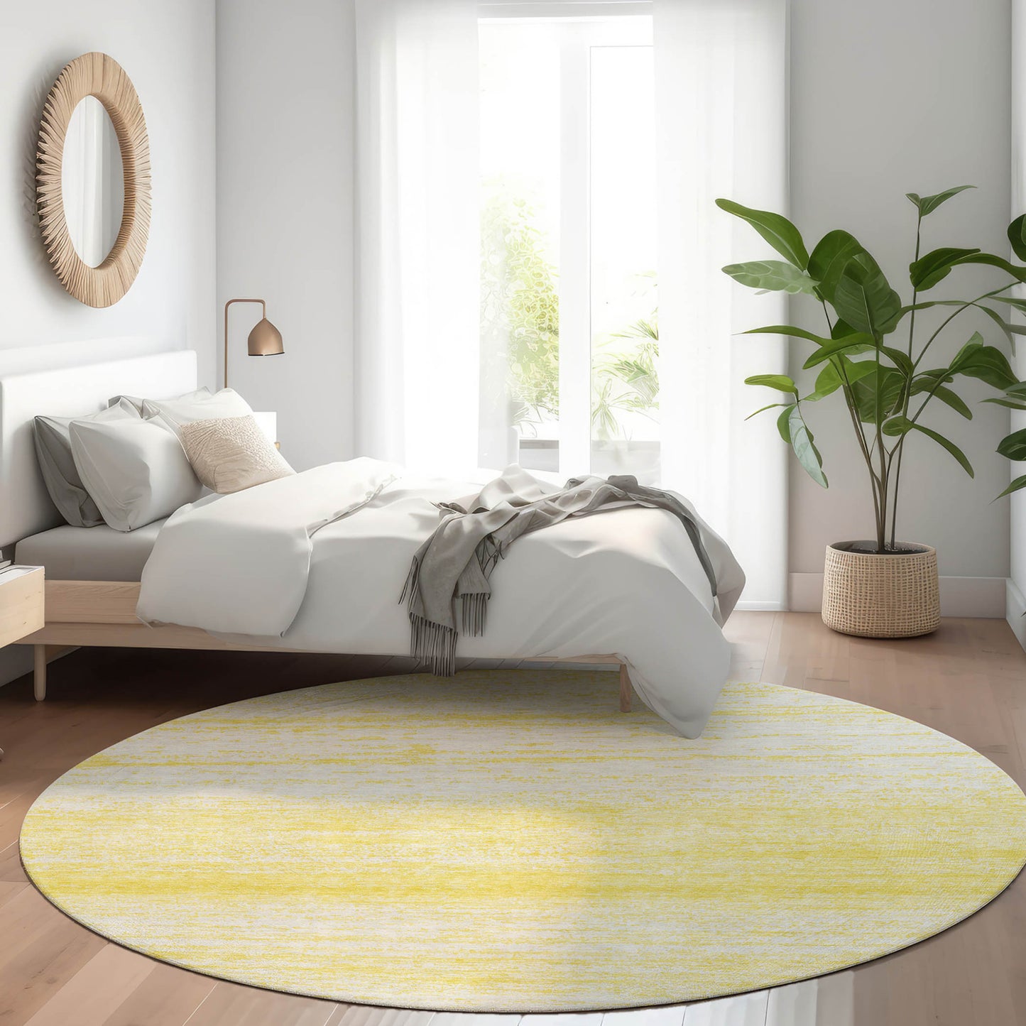 8' Yellow And Ivory Round Striped Washable Indoor Outdoor Area Rug