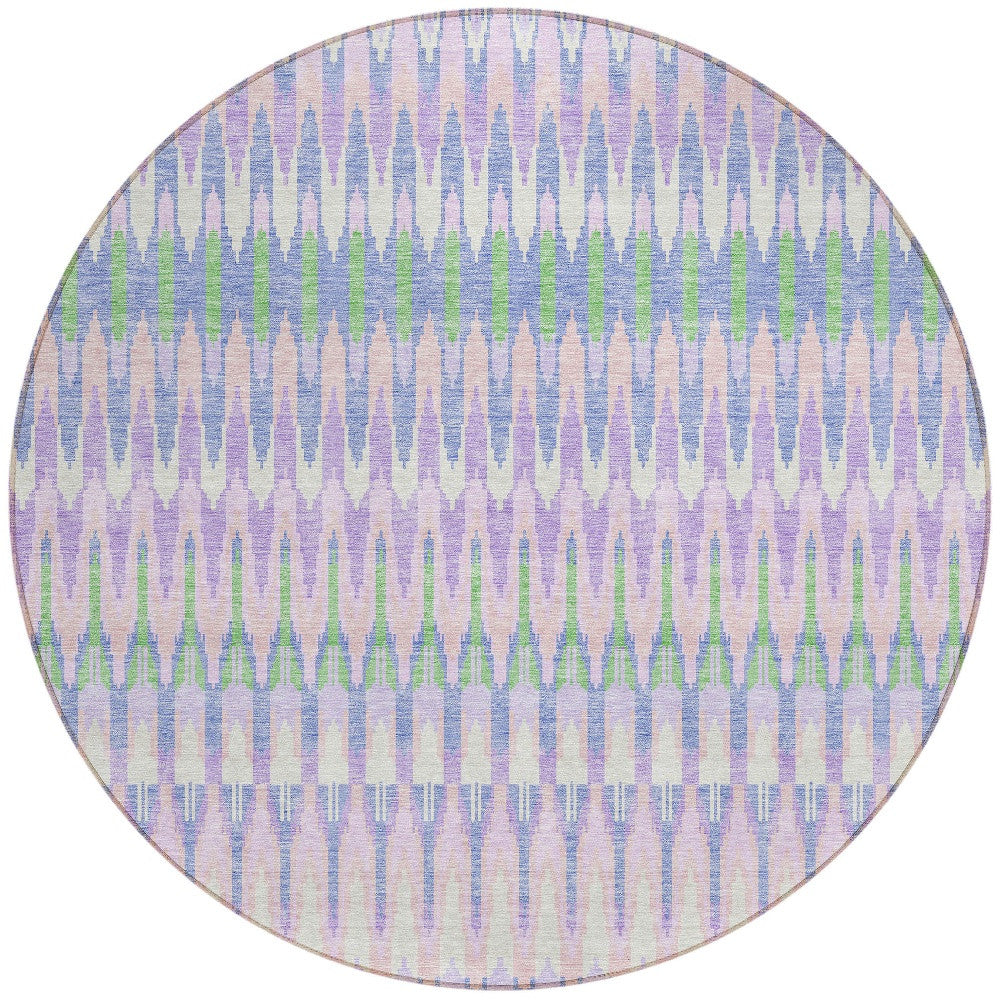 8' Lavender Pink And Lime Green Round Southwestern Washable Indoor Outdoor Area Rug