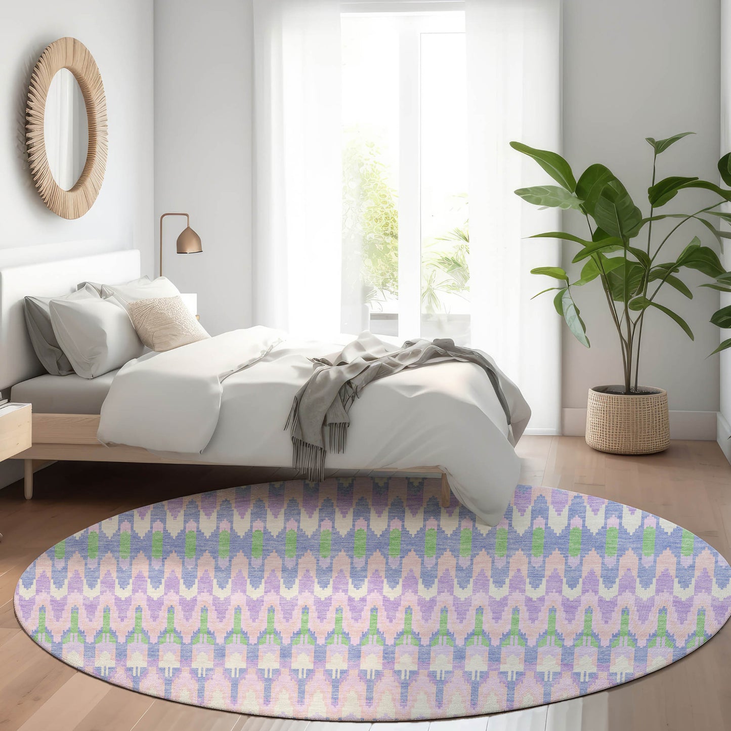 8' Lavender Pink And Lime Green Round Southwestern Washable Indoor Outdoor Area Rug