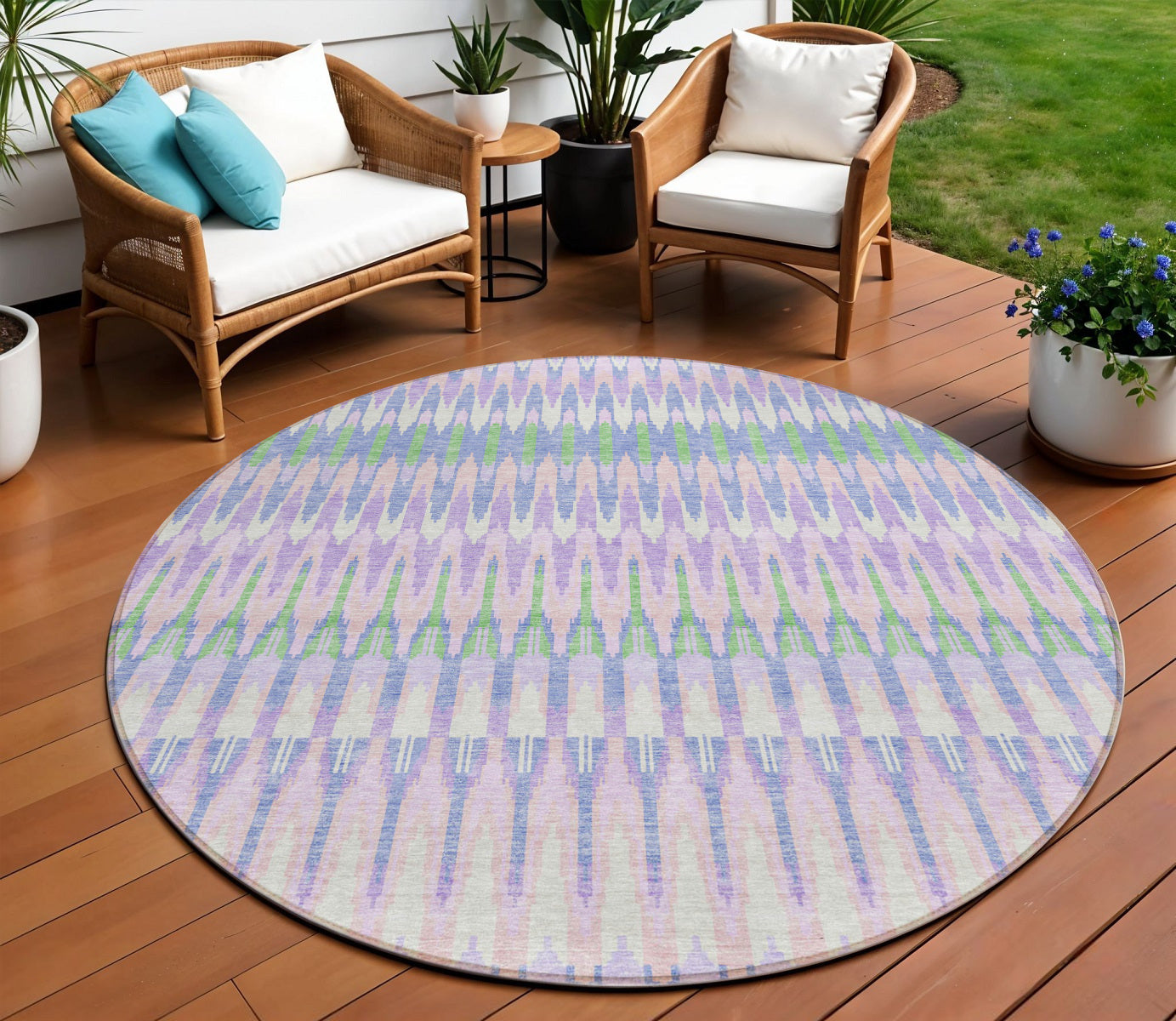 8' Lavender Pink And Lime Green Round Southwestern Washable Indoor Outdoor Area Rug