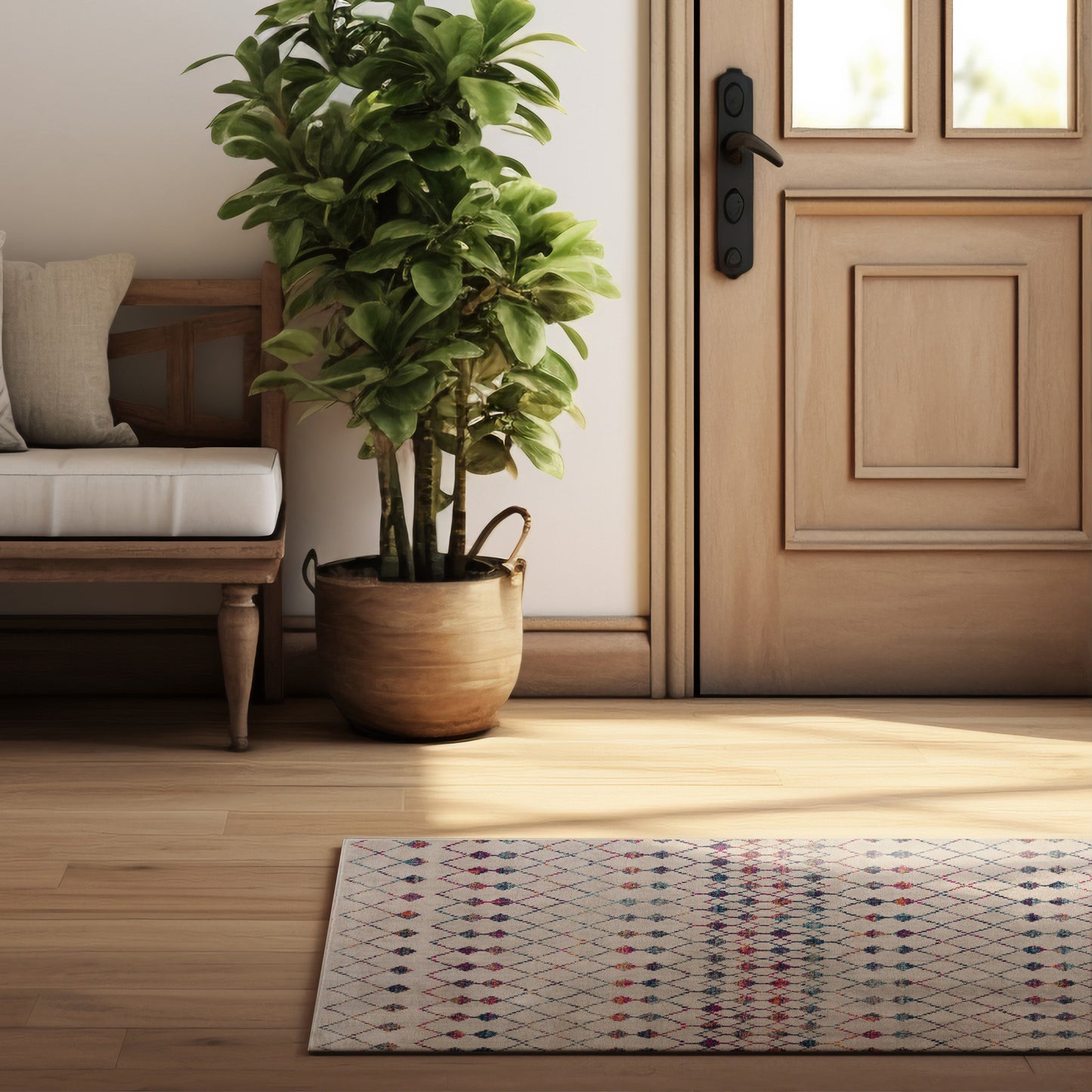 2' X 2' Beige Blue And Pink Geometric Square Rug