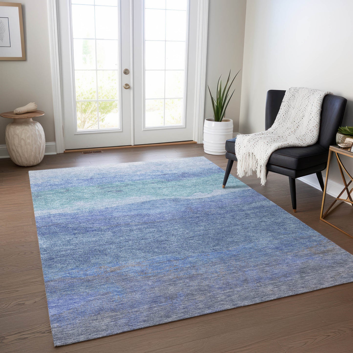 10' X 14' Blue Teal Blue And Sky Blue Abstract Washable Indoor Outdoor Area Rug