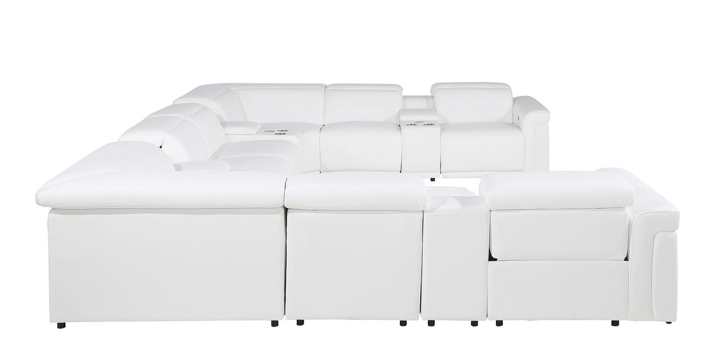 White Italian Leather Power Reclining U Shaped Twelve Piece Sectional With Console