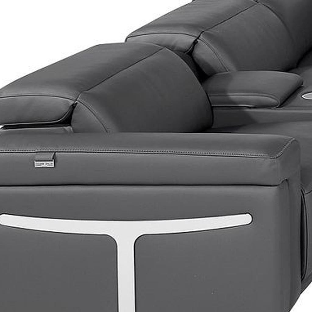 Dark Gray Italian Leather Power Reclining U Shaped Twelve Piece Sectional With Console