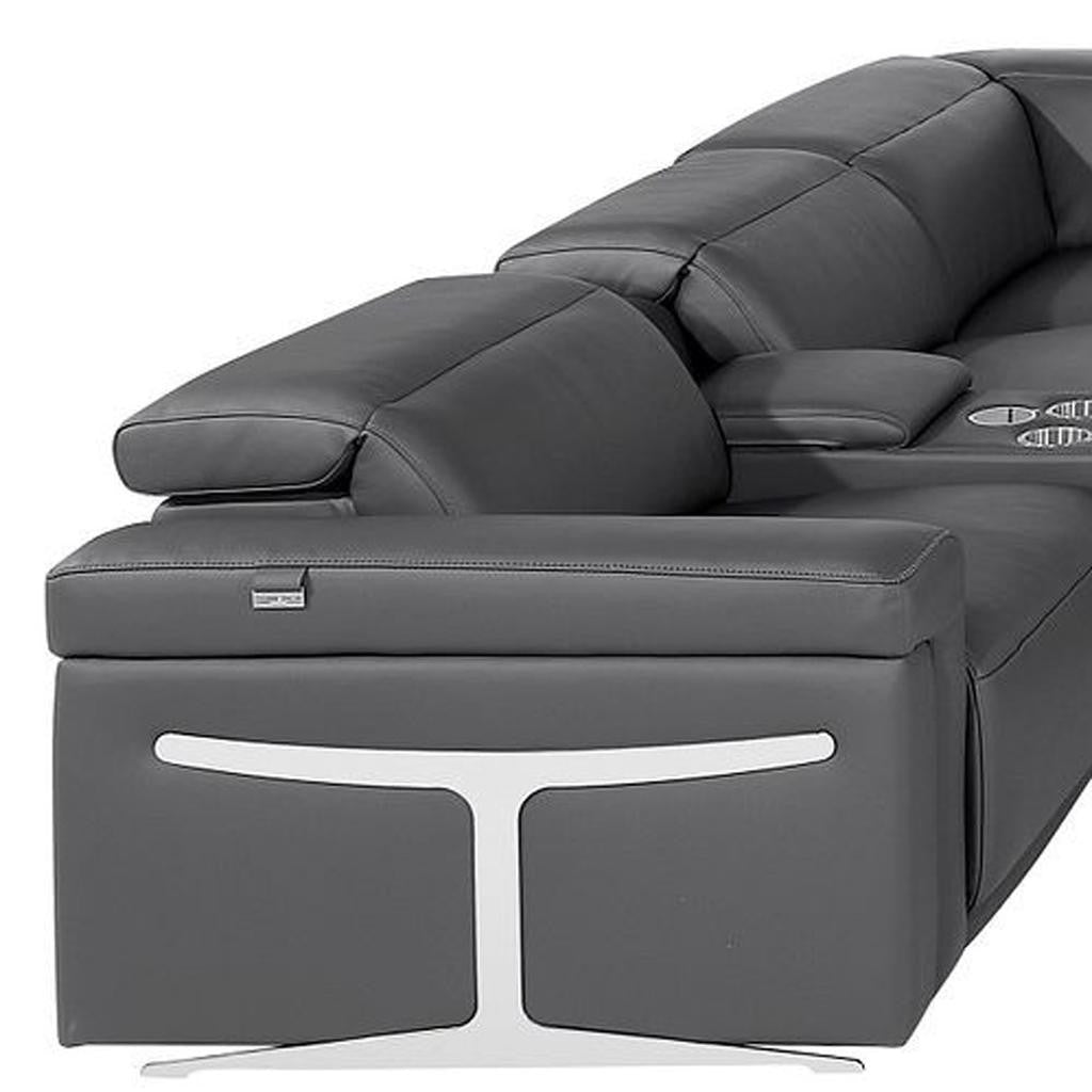 Dark Gray Italian Leather Power Reclining U Shaped Twelve Piece Sectional With Console