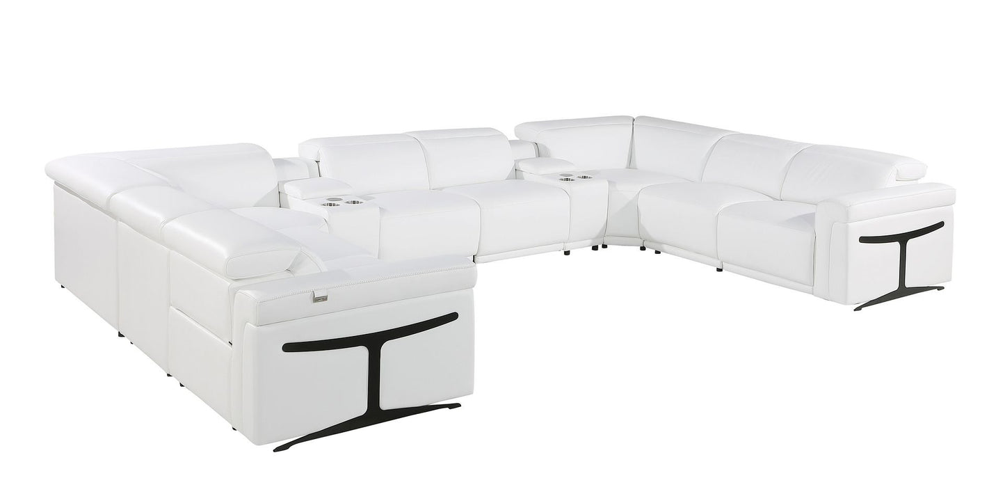 White Italian Leather Power Reclining U Shaped Ten Piece Corner Sectional With Console