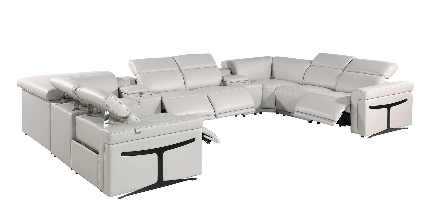Light Gray Italian Leather Power Reclining U Shaped Ten Piece Corner Sectional With Console