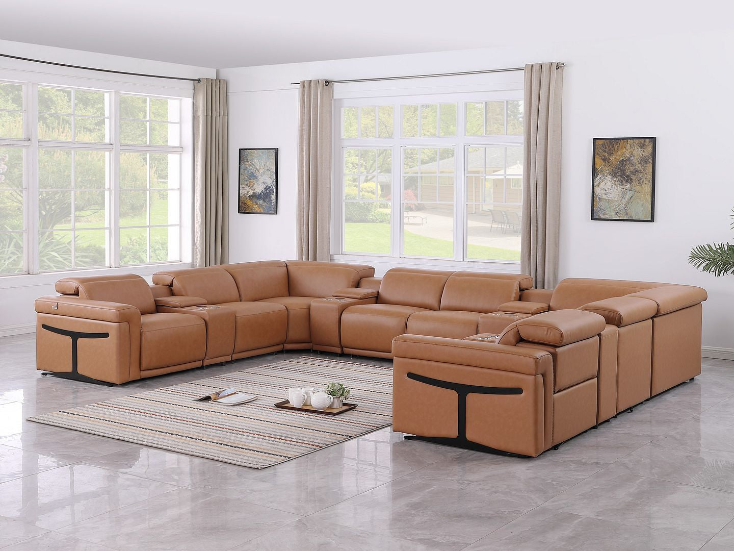 Chestnut Italian Leather Power Reclining U Shaped Ten Piece Corner Sectional With Console