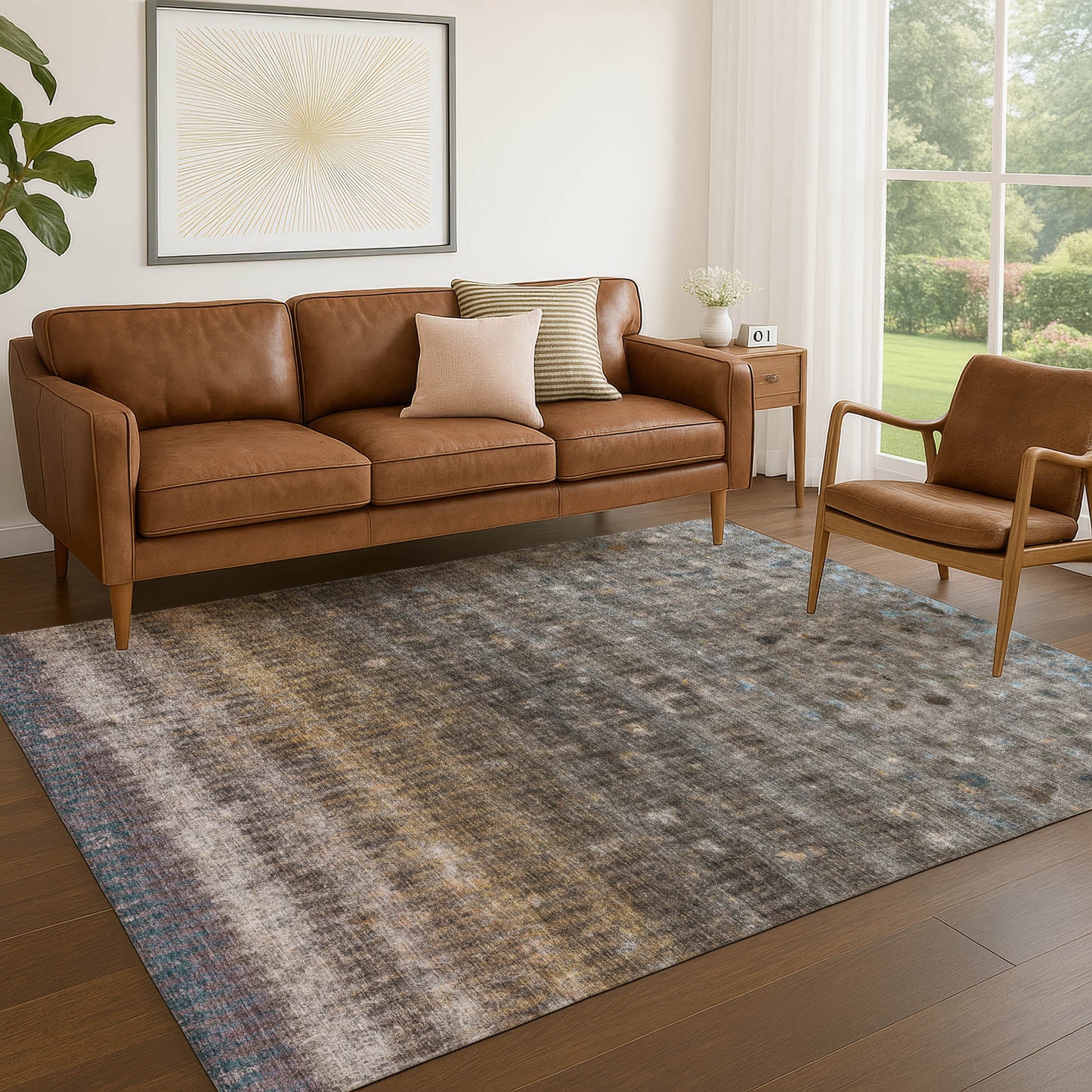 9' X 12' Brown And Beige Striped Washable Indoor Outdoor Area Rug