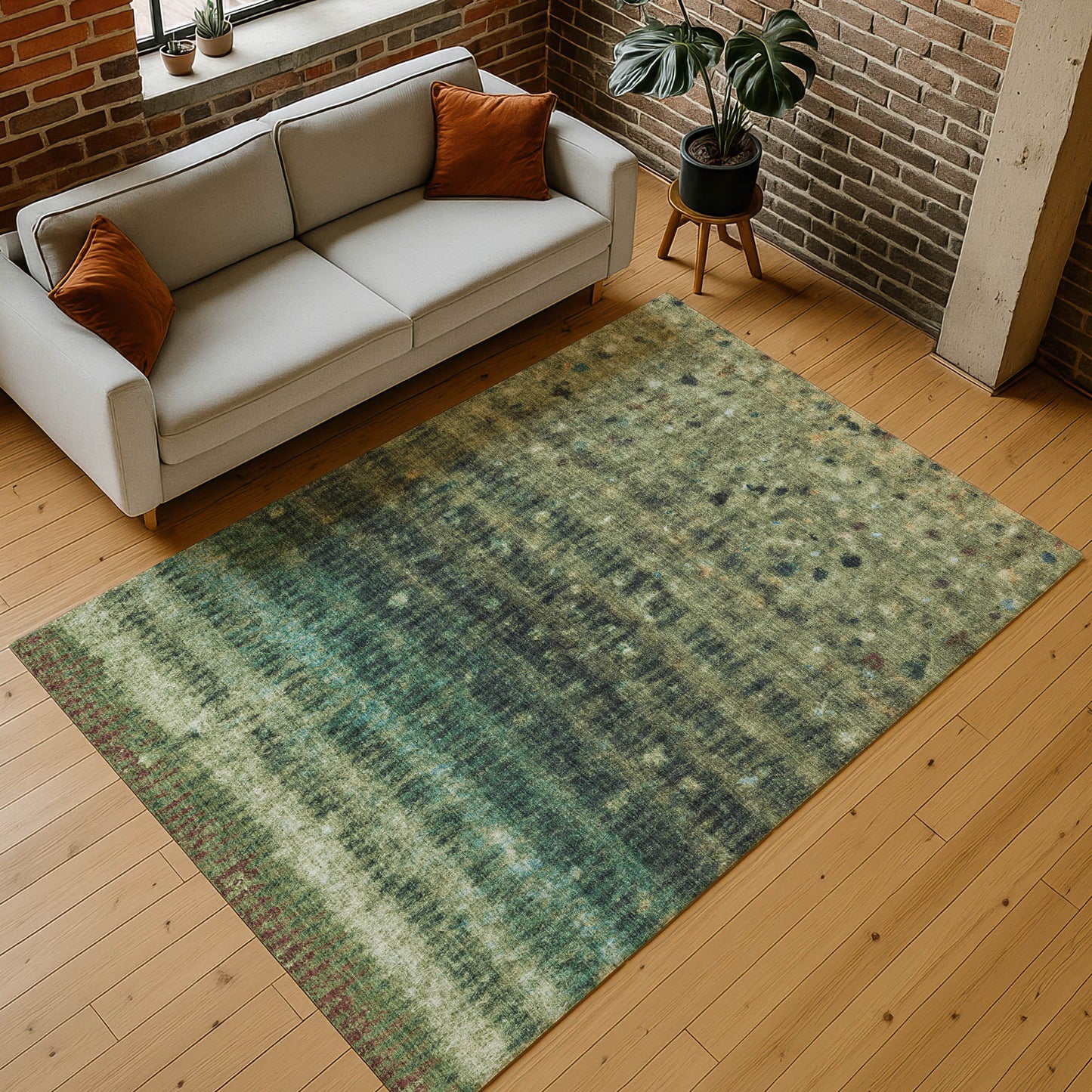 9' X 12' Fern Green And Gray Striped Washable Indoor Outdoor Area Rug