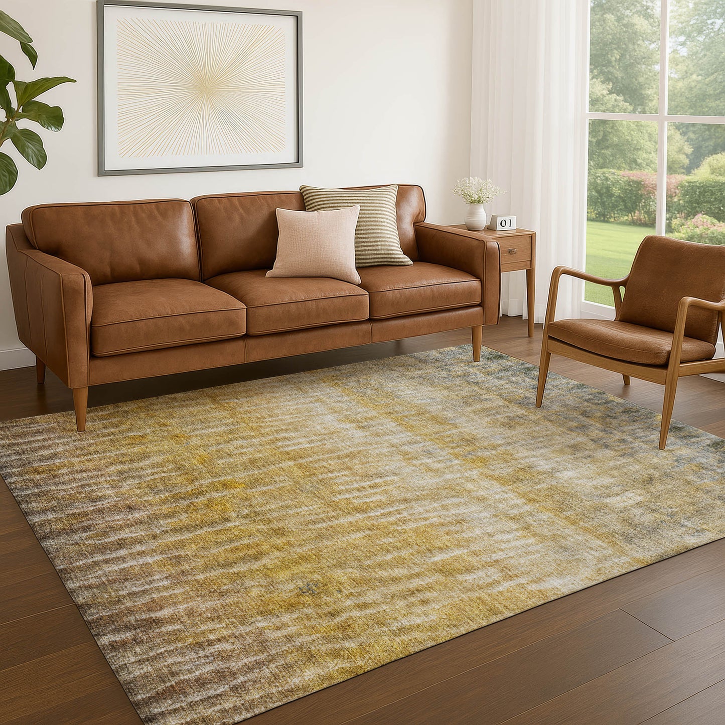 3' X 5' Gold Beige And Gray Abstract Washable Indoor Outdoor Area Rug