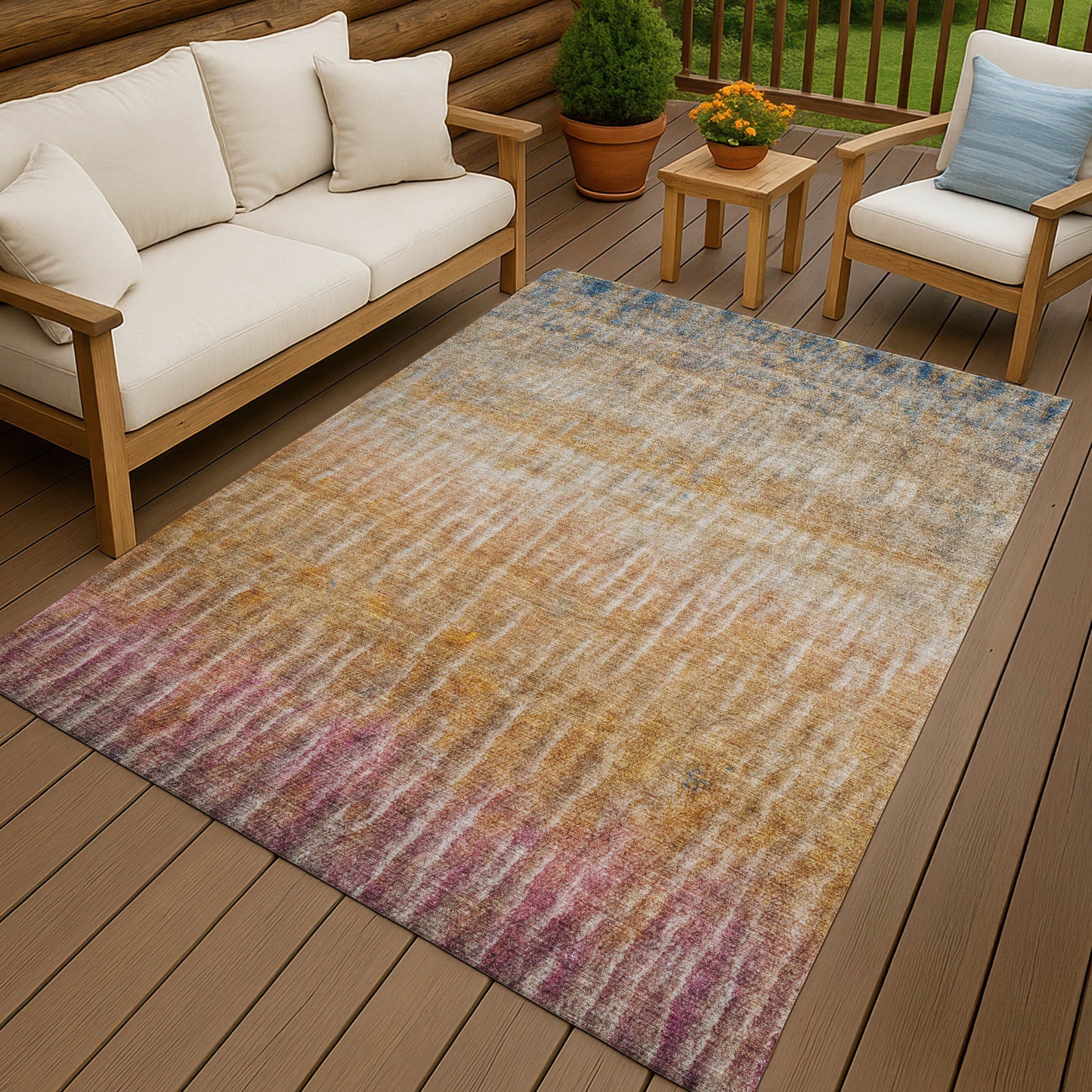 10' X 14' Orange Blue And Beige Abstract Washable Indoor Outdoor Area Rug