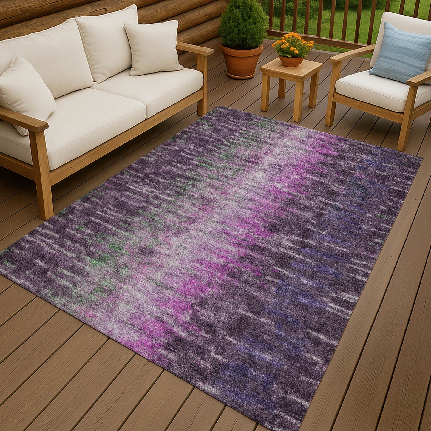 3' X 5' Eggplant Green And Blue Abstract Washable Indoor Outdoor Area Rug
