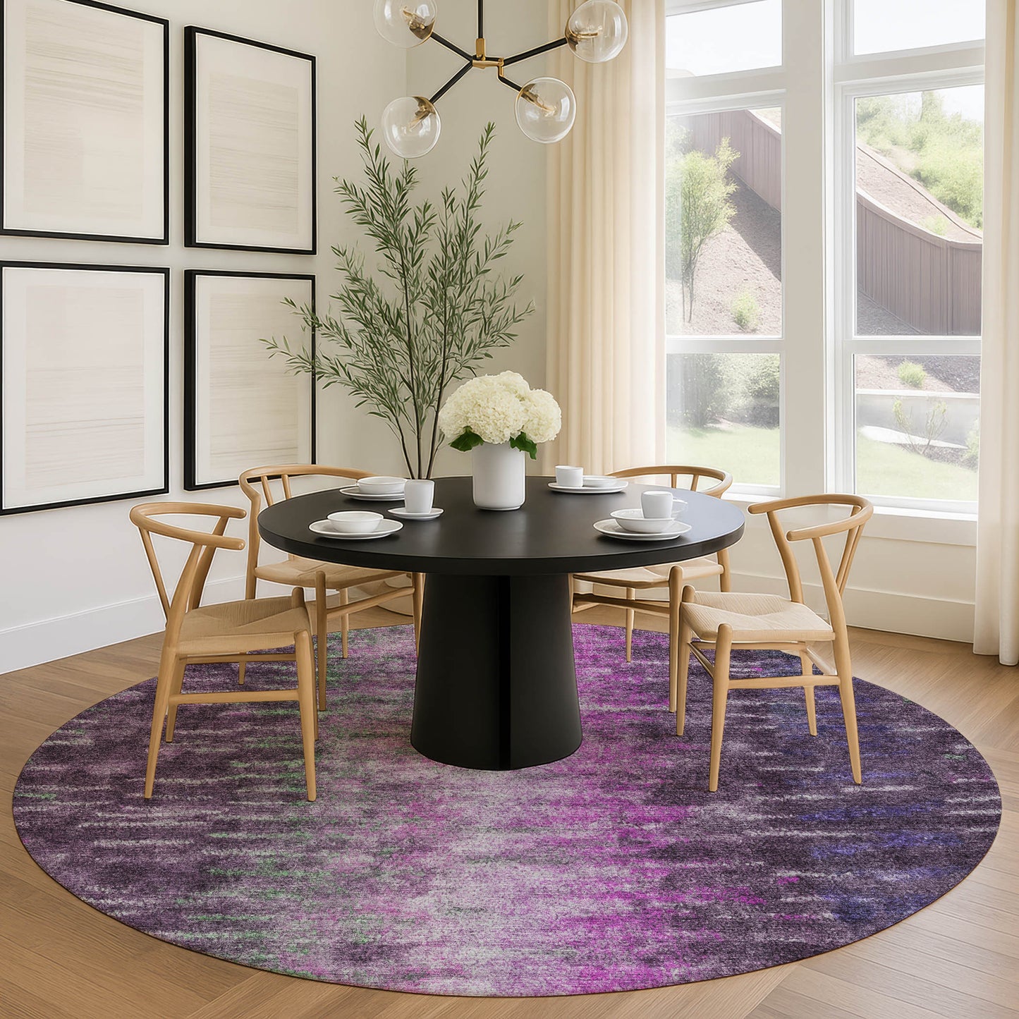 8' Eggplant Green And Blue Round Abstract Washable Indoor Outdoor Area Rug