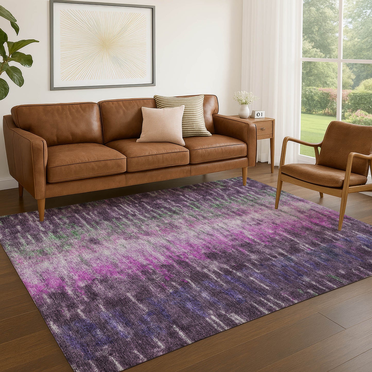 8' X 10' Eggplant Green And Blue Abstract Washable Indoor Outdoor Area Rug