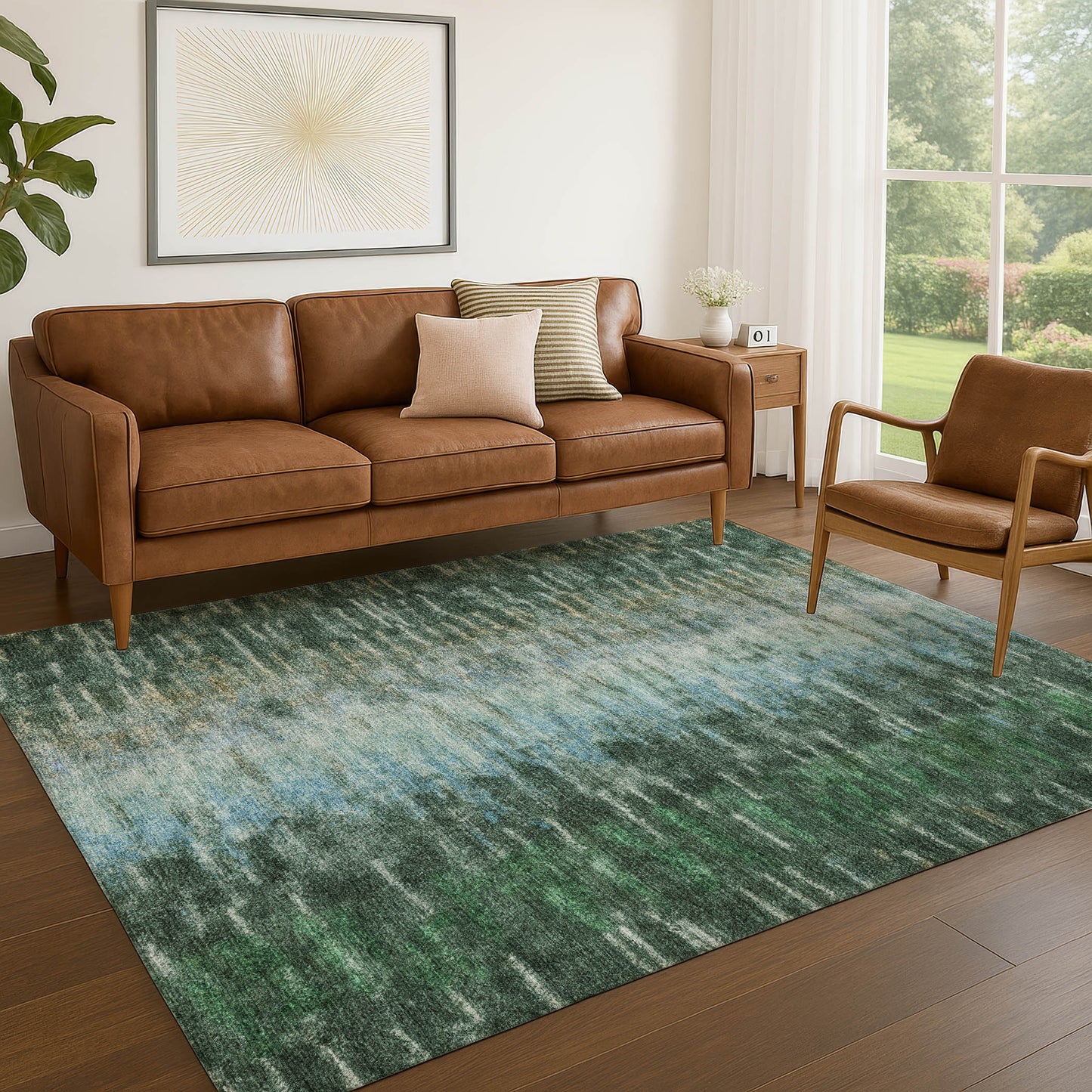 3' X 5' Emerald Teal Blue And Ivory Abstract Washable Indoor Outdoor Area Rug