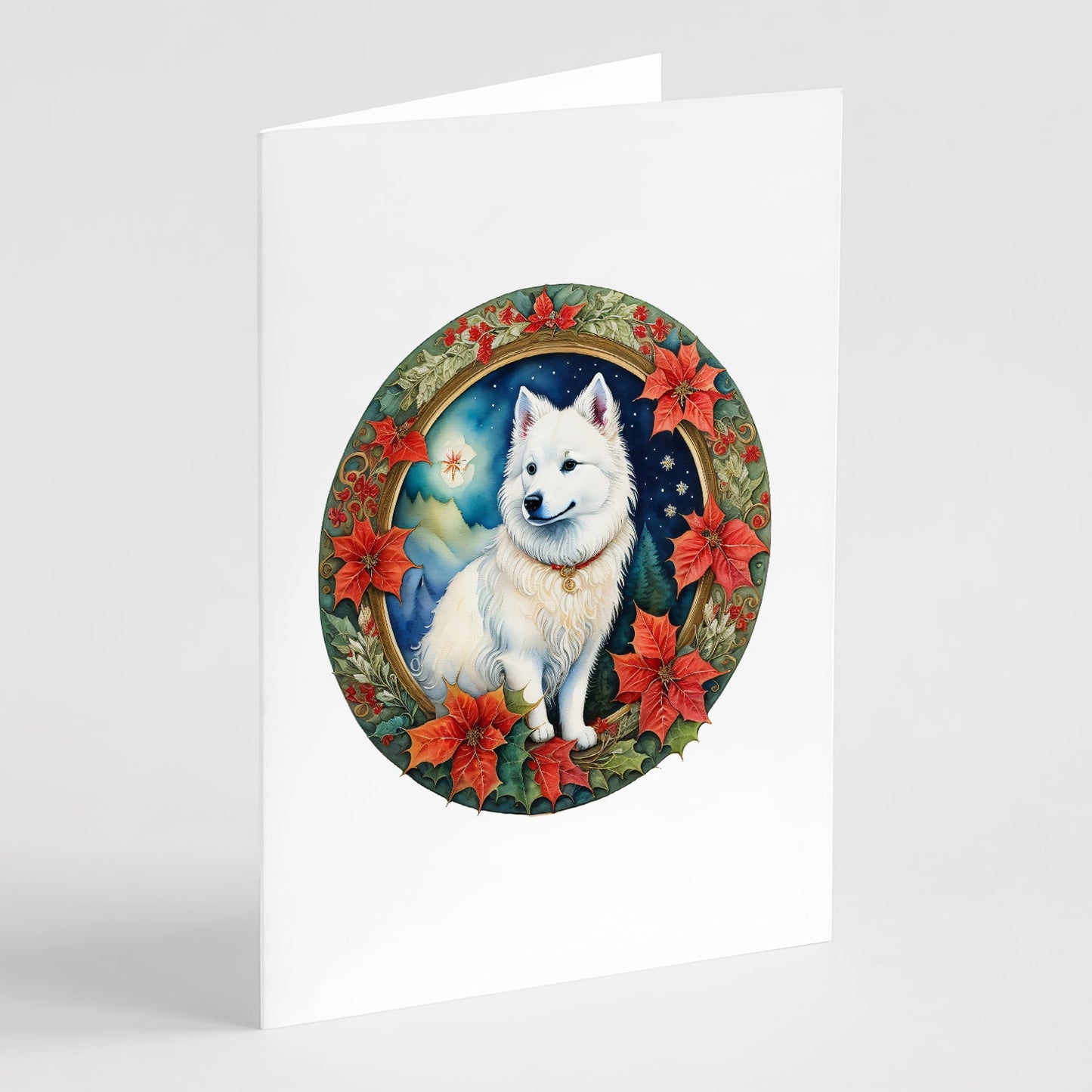 American Eskimo Christmas Flowers Greeting Cards Pack of 8