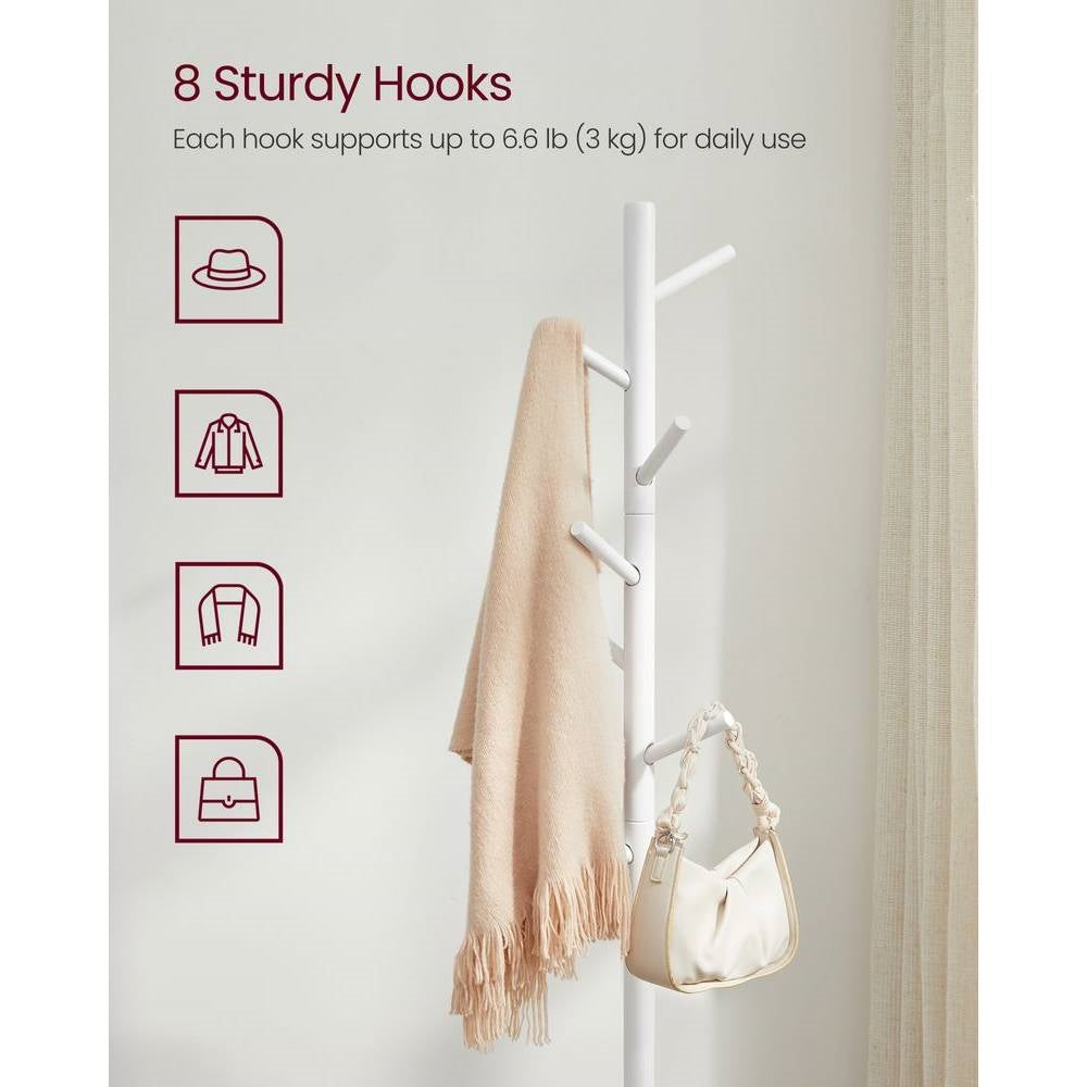 Sturdy Solid Wood Coat Rack in White Finish with 8 Hooks