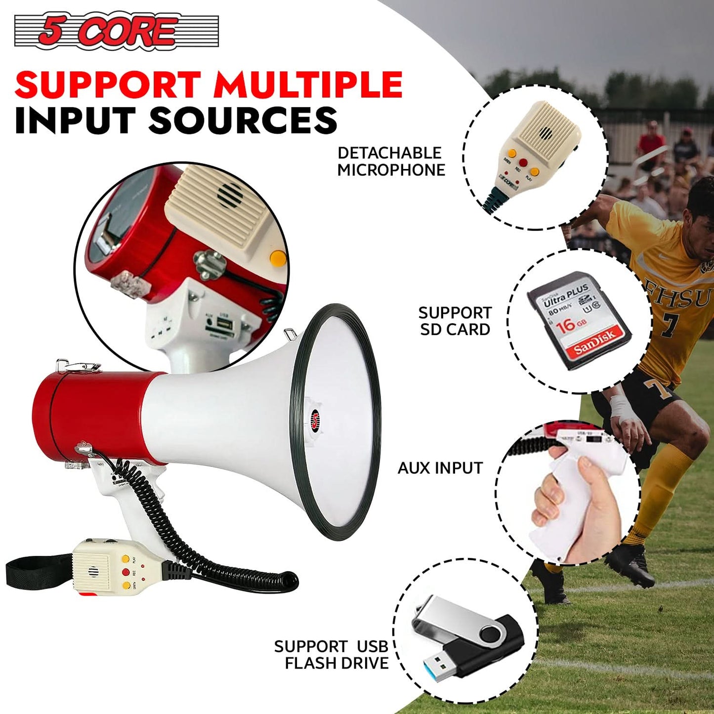 5Core Megaphone Bullhorn Speaker 50W Bull Horn Cheer Megafono 1200 Yards