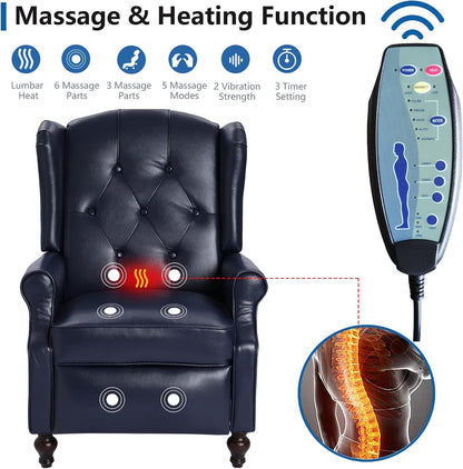 Wingback Recliner Chair with Massage and Heat - Tufted PU Leather Push Back Arm Chair for Living Room - Vintage Recliner Chair with Remote Control, Padded Cushion, Backrest, Wooden Legs