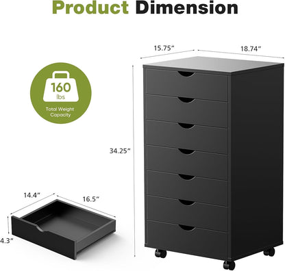 7 Drawer Chest Mobile Storage Cabinets Wooden Dresser with Wheels Room Organization Furniture for Office Home, Black Wood