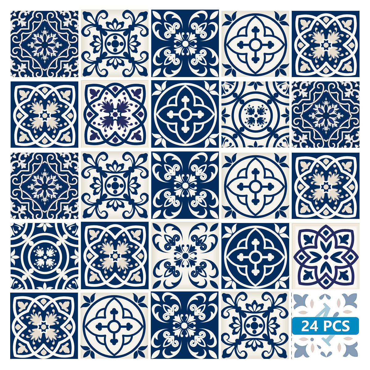 7" X 7" Midnight Blue And White Peel And Stick Removable Tiles-1