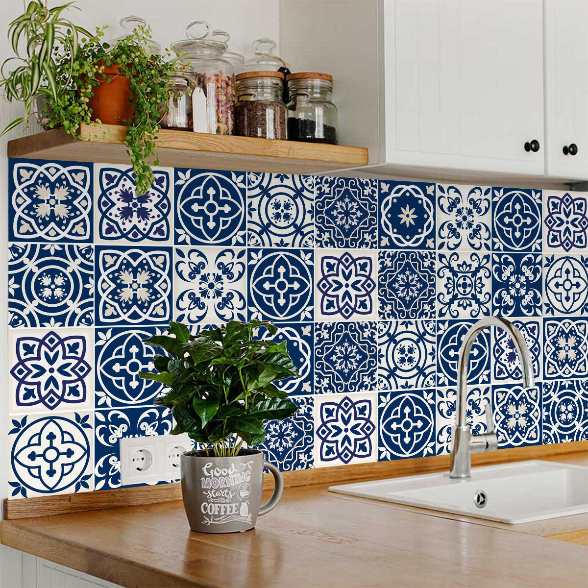7" X 7" Midnight Blue And White Peel And Stick Removable Tiles-5