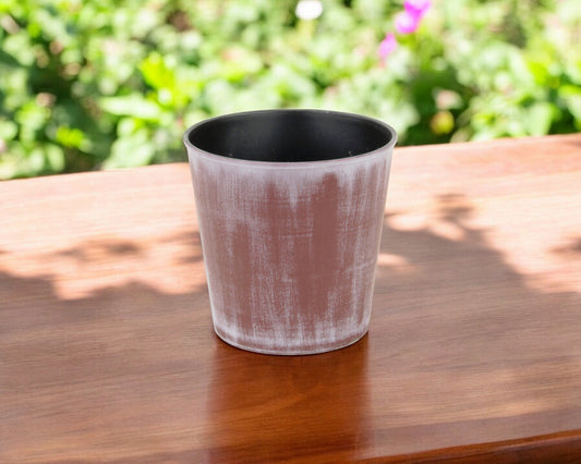 5" Brown and Off White Textural Tone On Tone Recycled Plastic Indoor Outdoor Round Pot Planter-0