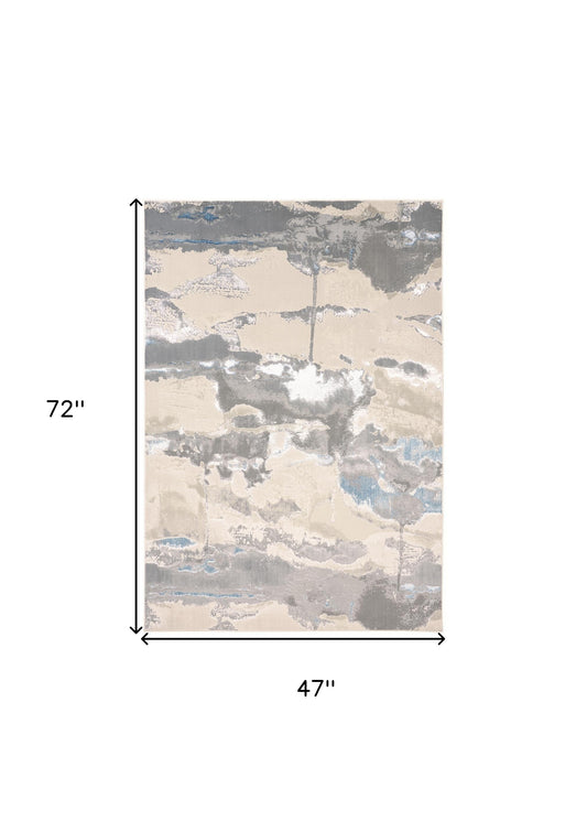 4' X 6' Gray Ivory And Blue Abstract Area Rug