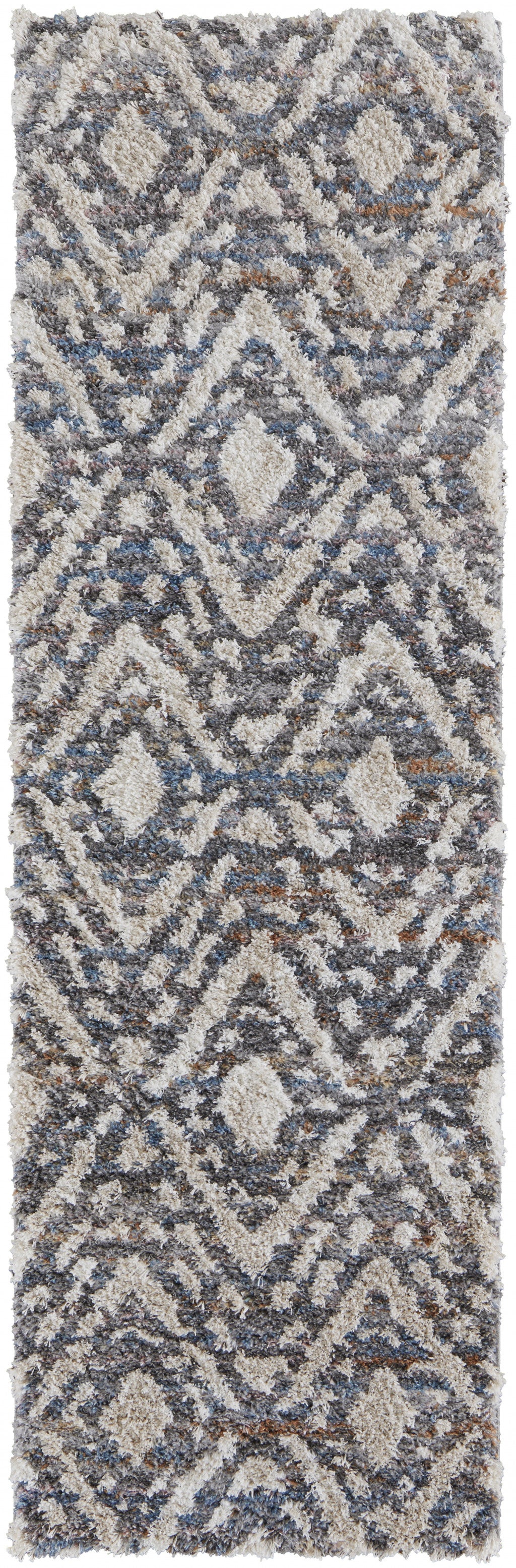 8' Ivory Gray And Taupe Geometric Power Loom Stain Resistant Runner Rug