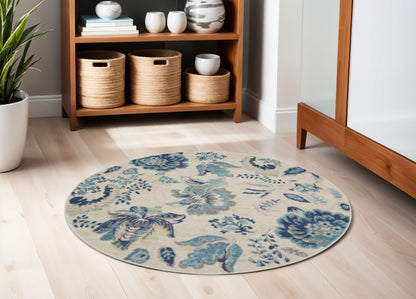 5' Ivory Navy Blue And Light Blue Floral Round Rug