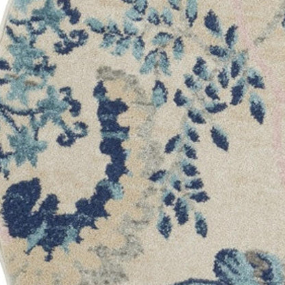 5' Ivory Navy Blue And Light Blue Floral Round Rug