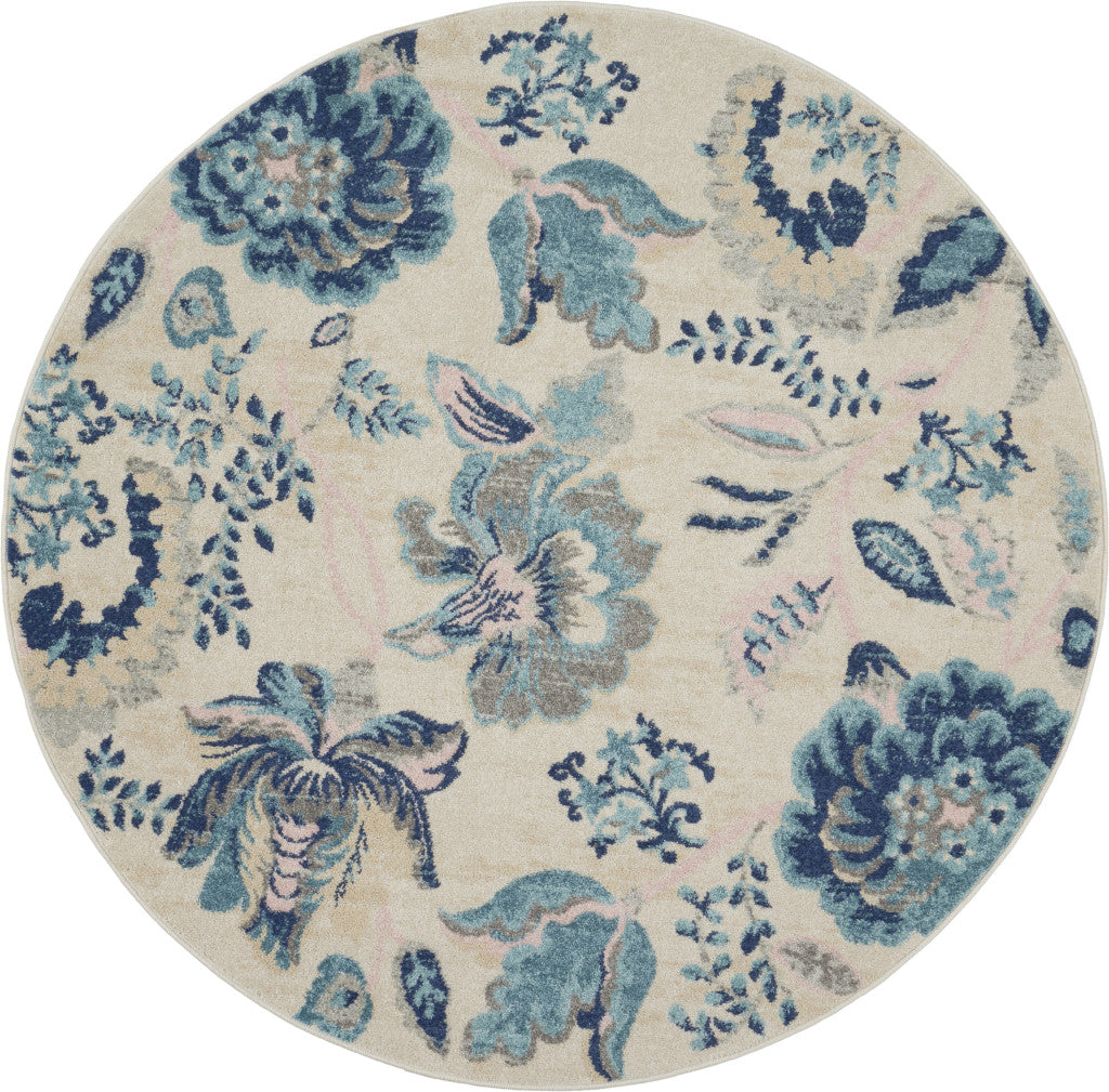 5' Ivory Navy Blue And Light Blue Floral Round Rug