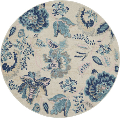 5' Ivory Navy Blue And Light Blue Floral Round Rug