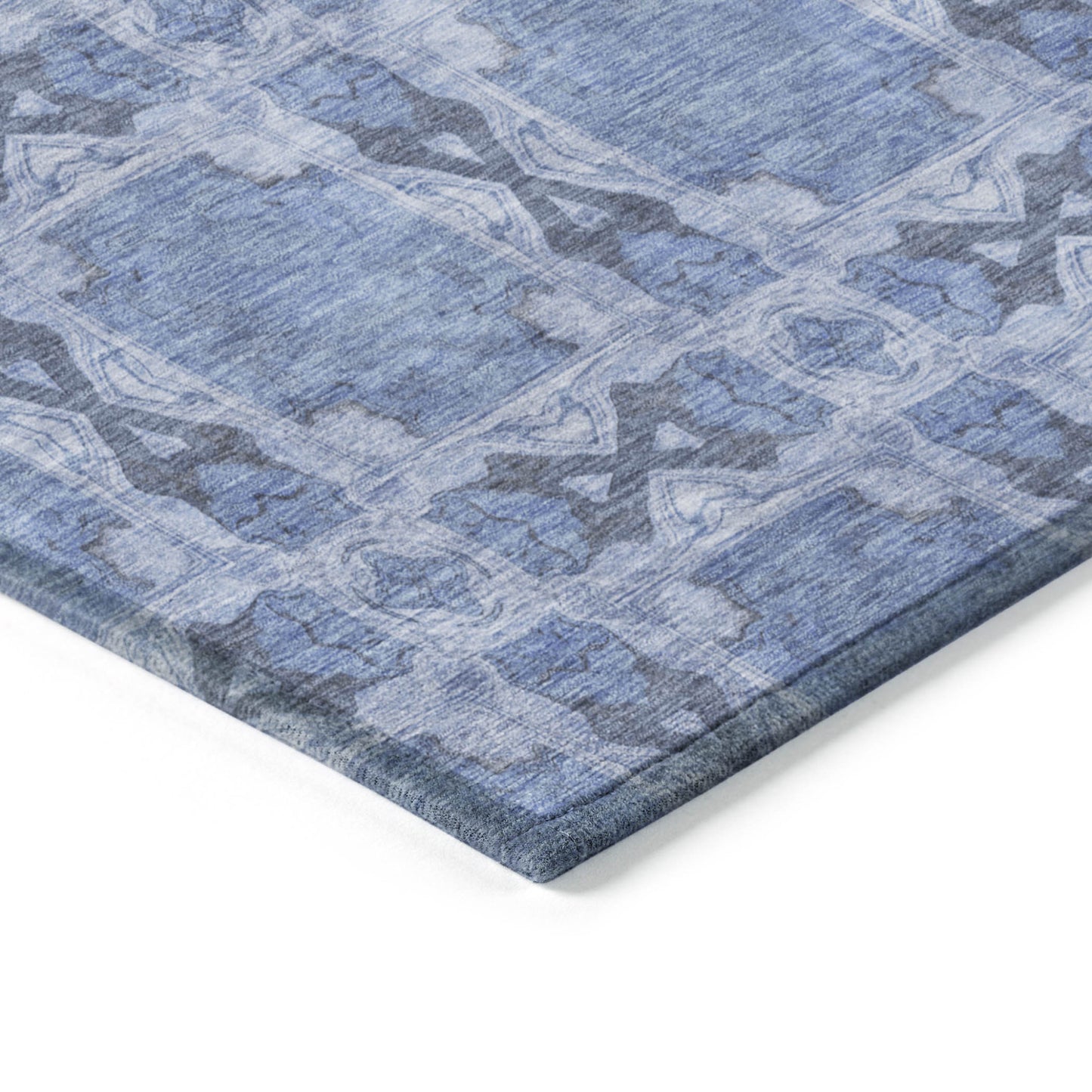 2' X 3' Denim Blue and Gray Floral Medallion Washable Non Skid Indoor Outdoor Area Rug