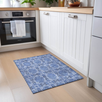 2' X 3' Denim Blue and Gray Floral Medallion Washable Non Skid Indoor Outdoor Area Rug