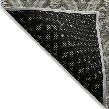 2' X 3' Taupe and Beige Damask Washable Non Skid Indoor Outdoor Area Rug