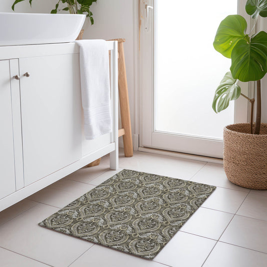2' X 3' Taupe and Beige Damask Washable Non Skid Indoor Outdoor Area Rug