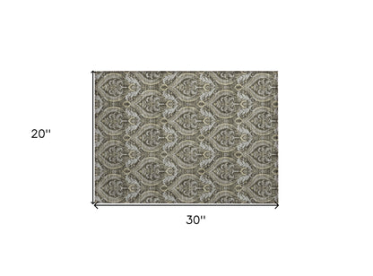 2' X 3' Taupe and Beige Damask Washable Non Skid Indoor Outdoor Area Rug