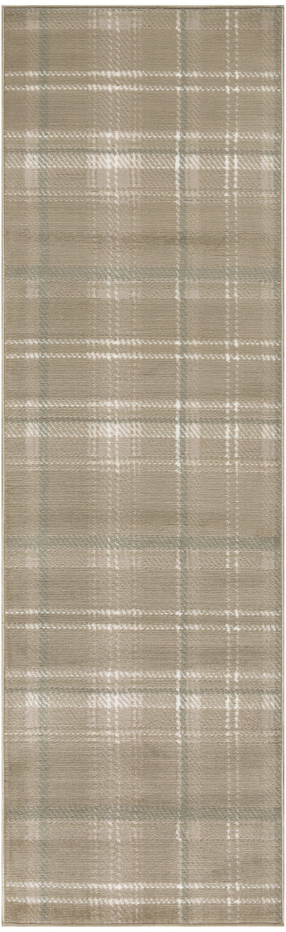10' Taupe and Ivory Plaid Runner Rug