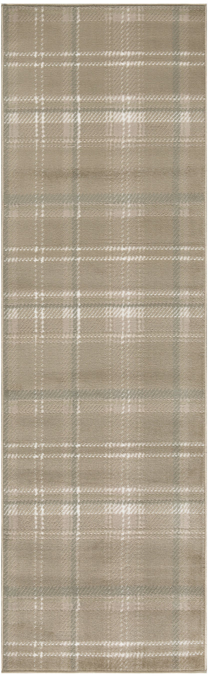 10' Taupe and Ivory Plaid Runner Rug